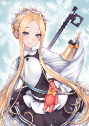Rule 34 | 1girl, abigail williams (fate), abigail williams (festival outfit) (fate), absurdres, bell, bernardo (artist), black skirt, blonde hair, blue background, blue eyes, blush, braid, breasts, closed mouth, dress, fate/grand order, fate (series), forehead, french braid, heroic spirit festival outfit, highres, key, keyhole, maid headdress, official alternate costume, parted bangs, sash, sidelocks, skirt, sleeves past fingers, sleeves past wrists, small breasts, smile, snowflakes, snowing, solo, stuffed animal, stuffed toy, teddy bear, white dress