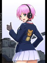 Rule 34 | 1girl, black gloves, blue jacket, commentary, emblem, from behind, girls und panzer, gloves, green eyes, headphones, jacket, leopon (animal), long sleeves, looking at viewer, looking back, military, military uniform, military vehicle, miniskirt, motor vehicle, nijisanji, ooarai military uniform, open mouth, pillarboxed, pink hair, pleated skirt, shinmai (kyata), short hair, skirt, smile, solo, standing, tank, throat microphone, thumbs up, tiger (p), translation request, uniform, virtual youtuber, white skirt, yuuhi riri