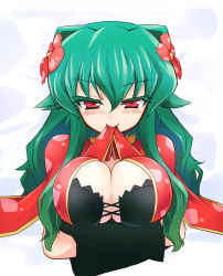 Rule 34 | 1girl, bad id, bad pixiv id, breasts, cleavage, creatures (company), flower, game freak, gen 1 pokemon, green hair, homura subaru, huge breasts, jpeg artifacts, mouth hold, nintendo, personification, pocket princesses, pokemon, red eyes, simple background, solo, venusaur, white background
