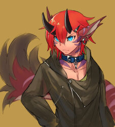 1boy animal_collar animal_ears blue_eyes brown_jacket collar commentary_request fang horns jacket ketaru male_focus pixiv_fantasia pixiv_fantasia_last_saga simple_background skin_fang slit_pupils solo tail upper_body valo_le_kie yellow_background