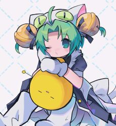 Rule 34 | 1girl, ahoge, animal hat, apron, back bow, bell, black dress, blue eyes, bow, cat hat, dejiko, di gi charat, dress, eyes visible through hair, gema, green hair, hair intakes, hand on own face, hat, highres, jingle bell, looking at viewer, maid apron, mittens, morizo (morizoshop), o3o, one eye closed, puffy short sleeves, puffy sleeves, short hair, short sleeves, socks, solo, white apron, white bow, white hat, white mittens, white socks