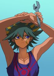 Rule 34 | 1boy, absurdres, armpits, arms up, black hair, blue background, blue eyes, blue tank top, facial mark, facial tattoo, fudo yusei, gradient background, hand on own wrist, highres, holding, holding tool, holding wrench, looking up, male focus, marking on cheek, multicolored hair, short hair, simple background, sleeveless, solo, spiked hair, streaked hair, tank top, tattoo, upper body, wrench, youko-shima, yu-gi-oh!, yu-gi-oh! 5d&#039;s