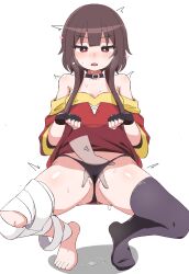 Rule 34 | 1girl, bandaged leg, bandages, bare shoulders, black choker, black panties, black thighhighs, blush, breasts, bright pupils, brown hair, choker, clothes lift, dress, feet, fingering, full body, gluteal fold, groin, hatenamaru, highres, invisible chair, kono subarashii sekai ni shukufuku wo!, lifting own clothes, looking at viewer, megumin, off-shoulder dress, off shoulder, open mouth, panties, red dress, red eyes, short hair with long locks, simple background, single thighhigh, sitting, skirt, skirt lift, small breasts, solo focus, spread legs, squatting, thighhighs, thighs, thong, underwear, wet, white background, white pupils