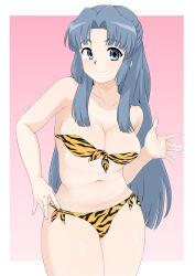 Rule 34 | 1girl, animal print, artist name, asakura ryouko, bare shoulders, bikini, blue hair, breasts, cleavage, closed mouth, commentary request, cowboy shot, hair over shoulder, hand on own hip, highres, kotoyoro, long hair, looking at viewer, medium breasts, mizu kane, navel, new year, orange bikini, outside border, parted bangs, print bikini, side-tie bikini bottom, signature, smile, solo, standing, strapless, strapless bikini, suzumiya haruhi no yuuutsu, swimsuit, tiger print, waving