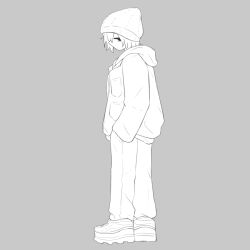 Rule 34 | 1boy, avogado6, baggy clothes, baggy pants, bags under eyes, beanie, commentary, commentary request, greyscale, half-closed eyes, hands in pockets, hat, hood, hood down, hoodie, jacket, layered clothes, long sleeves, looking at viewer, looking back, medium hair, monochrome, no mouth, original, pants, platform footwear, ribs, simple background, skinny, solo, thumbnail surprise