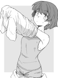 Rule 34 | 1girl, puff of air, absurdres, arms up, boyshort panties, closed mouth, clothes lift, commentary, cowboy shot, girls und panzer, greyscale, highres, jumpsuit pull, lifting own clothes, looking at viewer, mechanic, monochrome, nakajima (girls und panzer), outside border, panties, renshiu, shirt, shirt lift, short hair, short sleeves, sigh, solo, standing, sweat, t-shirt, tank top, underwear, undressing