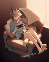 Rule 34 | 1girl, animal ears, arknights, armchair, bare legs, black shorts, blue eyes, brown footwear, chair, closed mouth, collared shirt, curtains, earthspirit (arknights), full body, grey shirt, hair ornament, hairclip, happy birthday, heart, highres, horns, hug (yourhug), nintendo switch, pillow, pink hair, playing games, shirt, short sleeves, shorts, side ponytail, sitting, slippers, solo, striped clothes, striped shorts, vertical-striped clothes, vertical-striped shorts