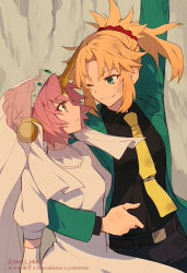 Rule 34 | 2girls, arm around back, arsene lupin iii, arsene lupin iii (cosplay), artist name, belt, belt buckle, blonde hair, buckle, castle of cagliostro, clarisse de cagliostro, clarisse de cagliostro (cosplay), commentary request, cosplay, eye contact, fate/apocrypha, fate (series), frankenstein&#039;s monster (fate), green eyes, hair bun, highres, horns, jewelry, long sleeves, looking at another, lupin iii, meiji ken, mordred (fate), mordred (fate/apocrypha), multiple girls, necklace, necktie, one eye closed, pants, pearl necklace, pink hair, ponytail, single hair bun, single horn, smile, watermark, yuri