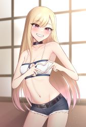 Rule 34 | 1girl, absurdres, bandeau, bare arms, bare shoulders, belt, black belt, black choker, blonde hair, blush, breasts, choker, cleavage, cleavage cutout, clothing cutout, collarbone, commentary request, cosplay, cowboy shot, cutoffs, denim, denim shorts, fate/apocrypha, fate (series), grin, groin, head tilt, heart, heart hands, highres, indoors, kitagawa marin, long hair, looking at viewer, medium breasts, midriff, mordred (fate), mordred (fate/apocrypha), mordred (fate/apocrypha) (cosplay), mordred (memories at trifas) (fate), nail polish, navel, pendreon, pink eyes, pink nails, short shorts, shorts, smile, solo, sono bisque doll wa koi wo suru, spaghetti strap, standing, stomach, very long hair