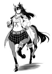 Rule 34 | 1girl, abo (hechouchou), animal ears, asymmetrical legwear, bandaged leg, bandages, bandaid, bandaid on face, bandaid on nose, belt, black hair, black skirt, black thighhighs, breasts, budget sarashi, centaur, cleavage, clenched hand, closed mouth, coat, commentary, ear ornament, fingerless gloves, floating hair, full body, gloves, greyscale, groin, hair between eyes, hair ribbon, hand on own hip, highres, horse ears, horse tail, horseshoe ornament, long hair, long sleeves, looking at viewer, medium breasts, midriff, monochrome, monster girl, monsterification, multiple legs, narita brian (umamusume), navel, open clothes, open coat, plaid, plaid skirt, ponytail, ribbon, sailor collar, sarashi, shadow, shirt, sidelocks, simple background, single thighhigh, skirt, solo, star (symbol), swept bangs, tail, taur, thighhighs, torn clothes, torn coat, umamusume, walking, white background, white coat, white shirt