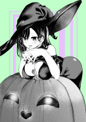 Rule 34 | 1girl, :d, amagami-san chi no enmusubi, amagami yae, ass, bare shoulders, between breasts, blush, breasts, cleavage, covered erect nipples, greyscale with colored background, hat, highres, jack-o&#039;-lantern, large breasts, long hair, monochrome, open mouth, sawada kou, smile, solo, witch hat