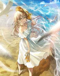 Rule 34 | 1girl, akamoku, barefoot, beach, bird, blonde hair, brown hat, commentary, commentary request, day, dress, english commentary, footprints, hair between eyes, hat, highres, holding, long hair, looking at viewer, mixed-language commentary, off-shoulder dress, off shoulder, original, outdoors, sandals, seagull, solo, standing, sun hat, sundress, unworn sandals, very long hair, water, white dress, yellow eyes