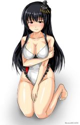 Rule 34 | 1girl, barefoot, black hair, breasts, casual one-piece swimsuit, cleavage, embarrassed, full body, fusou (kancolle), hair ornament, kantai collection, kneeling, kudou (ooabareteng), large breasts, long hair, looking down, official alternate costume, one-hour drawing challenge, one-piece swimsuit, red eyes, simple background, solo, swimsuit, white background, white one-piece swimsuit