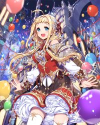 Rule 34 | 1girl, :d, ahoge, balloon, blonde hair, blue eyes, blush, cowboy shot, dress, empew, fireworks, floating hair, from below, hair ornament, long hair, night, open mouth, outdoors, smile, solo, standing, tenkuu no crystalia, thighhighs, very long hair, white thighhighs