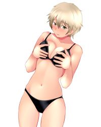 Rule 34 | 1girl, black bra, black panties, blonde hair, blush, bra, brave witches, breasts, brown eyes, cleavage, cowboy shot, dutch angle, frown, grabbing own breast, large breasts, looking at viewer, navel, panties, parted lips, short hair, simple background, solo, standing, tanaka rikimaru, underwear, underwear only, waltrud krupinski, white background, world witches series