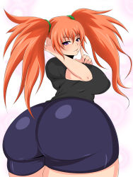 Rule 34 | 1girl, ass, bike shorts, blush, breasts, from behind, highres, huge ass, huge breasts, long hair, looking at viewer, open mouth, orange hair, original, purple eyes, revolver (titin), sideboob, smile, twintails