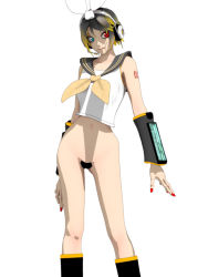 Rule 34 | 1girl, 3d, android, boots, bottomless, calne ca (deino), cosplay, cowboy shot, crustacean, deino (deino3330), detached sleeves, eyeshadow, female focus, headphones, headset, heterochromia, isopod, kagamine rin (cosplay), knee boots, makeup, midriff, multicolored hair, nail polish, navel, sailor, solo, standing, tattoo, two-tone hair, vocaloid