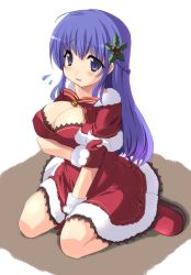 Rule 34 | 1girl, arin, blue eyes, blue hair, breasts, breasts squeezed together, christmas, cleavage, fhara, gloves, kanitama, large breasts, long hair, matching hair/eyes, pangya, red gloves, santa costume, simple background, solo