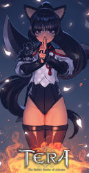 Rule 34 | &gt;:(, 1girl, animal ears, bare shoulders, black hair, black thighhighs, cain (grt1125), cat ears, closed mouth, copyright name, elin, english text, fire, frown, groin, highres, kuji-in, long hair, looking at viewer, ninja, ponytail, red eyes, solo, standing, tera online, thighhighs, tsurime, v-shaped eyebrows, very long hair
