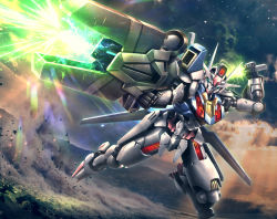 Rule 34 | attack, beam rifle, beam saber, cannon, commentary request, directed-energy weapon, energy, energy beam, energy cannon, energy gun, energy sword, energy weapon, firing, foreshortening, full body, green eyes, gun, gundam, gundam aerial, gundam suisei no majo, hiropon (tasogare no puu), holding, holding gun, holding weapon, mecha, mobile suit, no humans, robot, science fiction, solo, sword, v-fin, weapon