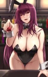 Rule 34 | 1girl, akitsuki karasu, alcohol, animal ears, bar (place), bare shoulders, beer, black leotard, bow, bowtie, breasts, candy, chocolate, chocolate heart, cleavage, covered navel, fake animal ears, fate/grand order, fate (series), food, groin, hair intakes, heart, highleg, highleg leotard, highres, indoors, large breasts, leaning forward, leotard, long hair, looking at viewer, no bra, no panties, open mouth, purple hair, rabbit ears, red eyes, scathach (fate), smile, solo, thigh gap, thighs, very long hair, wine, wrist cuffs