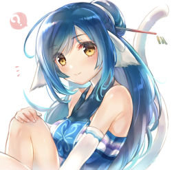 Rule 34 | 1girl, ainu clothes, animal ears, aquaplus, black hair, blue dress, blush, breasts, cat tail, closed mouth, dress, female focus, gloves, hair between eyes, hair ornament, hand on own knee, knee up, kuon (utawarerumono), long hair, looking at viewer, medium breasts, ponytail, smile, solo, swept bangs, tail, utawarerumono, utawarerumono: futari no hakuoro, white tail, yami nabe23, yellow eyes