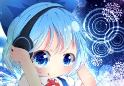Rule 34 | 1girl, :q, akisha, bad id, bad pixiv id, blue eyes, blue hair, bow, cirno, hair bow, headphones, ice, ice wings, icicle, looking at viewer, matching hair/eyes, short hair, smile, solo, tongue, tongue out, touhou, wings