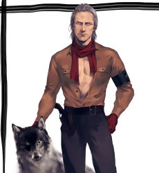 Rule 34 | 1boy, armband, belt, blue eyes, brown shirt, dog, eyepatch, facial hair, gloves, grey hair, hand on own hip, holster, looking at viewer, male focus, metal gear (series), metal gear solid v: the phantom pain, mugikoma, mullet, mustache, open clothes, open shirt, partially unbuttoned, realistic, red gloves, revolver ocelot, scarf, shirt, smile, solo, stubble