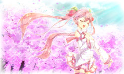 Rule 34 | 1girl, cherry, cherry blossoms, closed eyes, detached sleeves, floating hair, food, fruit, hand on own chest, hatsune miku, long hair, name connection, necktie, object namesake, open mouth, petals, pink hair, sakura miku, skirt, solo, thighhighs, twintails, very long hair, vocaloid, yukinon, yukinon (tsuki koubou)