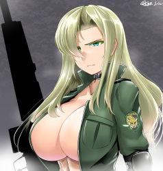 Rule 34 | 1girl, :|, blonde hair, breasts, choker, cleavage, closed mouth, collar, collarbone, commentary request, elbow pads, green eyes, green jacket, gun, h&amp;k psg1, hair intakes, hair over one eye, highres, holding, holding weapon, huge breasts, jacket, large breasts, long hair, metal gear (series), metal gear solid, military, military jacket, military uniform, open clothes, open jacket, rifle, saizu nitou gunsou, sideboob, signature, sniper rifle, sniper wolf, solo, uniform, weapon