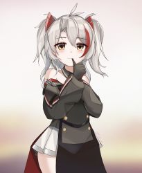 Rule 34 | 1girl, aged down, antenna hair, azur lane, black gloves, brown eyes, commentary request, cross, detached collar, finger in own mouth, finger to mouth, gloves, gradient background, hair between eyes, hair ornament, highres, index finger raised, iron cross, little prinz eugen (azur lane), long hair, long sleeves, looking at viewer, multicolored hair, off shoulder, parted bangs, pleated skirt, sidelocks, silver hair, simple background, skirt, solo, two-tone hair, two side up, wutong mingye