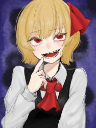 Rule 34 | 1girl, :d, ascot, beads, blonde hair, commentary request, dark background, darkness, finger to mouth, hair ribbon, hand up, highres, index finger raised, light blush, long sleeves, looking to the side, open mouth, purple background, red ascot, red eyes, red ribbon, ribbon, rumia, sharp teeth, short hair, simple background, sketch, smile, solo, teeth, touhou, upper body, wing collar, yomogi 0001