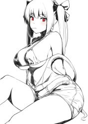 Rule 34 | 1girl, bikini, bikini top only, blush, breasts, female focus, hai ookami, highres, image sample, large breasts, monochrome, pixiv sample, red eyes, solo, spot color, swimsuit, twintails, white background