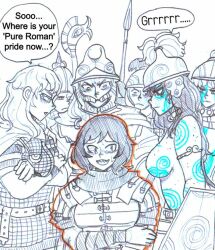 Rule 34 | 6+girls, angry, anonhistory, armlet, armor, belt, body freckles, bodypaint, breasts, cape, casual nudity, celtic, checkered clothes, clothed female nude female, club, cowboy shot, crossed arms, crying, crying with eyes open, curly hair, english text, feathers, female soldier, freckles, freckles on breasts, freckles on shoulder, greco-roman clothes, helmet, holding, holding shield, legionnaire, long hair, looking at another, looking away, looking down, lorica segmentata, medium breasts, monochrome, multiple girls, naked armor, naked cape, no bra, nude, open mouth, polearm, public indecency, roman clothes, scared, sharp teeth, shield, short hair, sideboob, size difference, soldier, spear, tears, teeth, topless, warrior, weapon, zenra