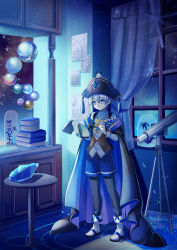 Rule 34 | androgynous, animal, animal on head, ball, black pantyhose, blue eyes, blue pants, blue theme, book, book stack, cape, carpet, crystal, curtains, diagram, full body, gender request, hair between eyes, hat, holding, holding book, indoors, night, night sky, on head, open book, orb, original, pants, pantyhose, pantyhose under shorts, pen, pirate hat, poster (object), reading, room, short hair, shorts, sky, solo, standing, star (sky), starry sky, sunsnny, table, tassel, telescope, transparent, white footwear, white hair, wizard