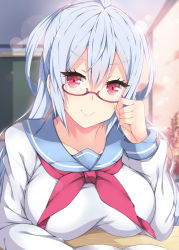 Rule 34 | 1girl, ahoge, alternate costume, blush, breast rest, breasts, breasts on table, closed mouth, collarbone, glasses, grey hair, hair between eyes, happy, large breasts, long hair, long sleeves, looking at viewer, matoi (pso2), milkpanda, phantasy star, phantasy star online 2, red eyes, school uniform, sitting, smile, solo, table, twintails