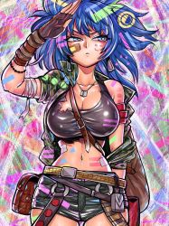Rule 34 | 1girl, backpack, bag, bandages, bandaid, belt, blue hair, breast press, breasts, cleavage, commentary, dog tags, earrings, english commentary, facial tattoo, fingerless gloves, gloves, green shorts, highres, jacket, jewelry, large breasts, leona heidern, midriff, multicolored background, multicolored eyes, navel, ponytail, salute, shorts, solo, takumi watanuki, tattoo, the king of fighters