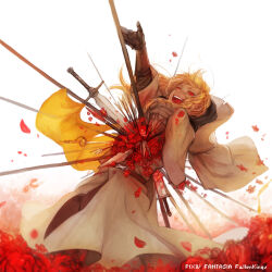 1girl akaneko_(redakanekocat) arm_up armor arrow_(projectile) arrow_in_body blonde_hair blood blood_from_mouth braid commentary_request copyright_name falling falling_petals highres impaled long_hair outstretched_arm petals pixiv_fantasia pixiv_fantasia_fallen_kings polearm red_eyes robe single_braid smile spear sword teeth upper_teeth_only weapon white_background white_robe