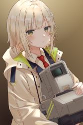 Rule 34 | 1girl, absurdres, arknights, black shirt, blonde hair, brown background, collar, commentary, defalia b, drone, expressionless, gradient background, hair ornament, highres, holding, jacket, lens (arknights), looking at viewer, necktie, red neckwear, robot, scene (arknights), shirt, short hair, simple background, upper body, white collar, white jacket, yellow eyes