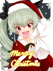 Rule 34 | 10s, 1girl, :d, anchovy (girls und panzer), black ribbon, bow, bowtie, capelet, commentary, cursive, dress, drill hair, english text, fur trim, girls und panzer, green bow, green bowtie, green hair, hair ribbon, hat, head tilt, highres, holding, holding sack, long hair, long sleeves, looking at viewer, multicolored neckwear, open mouth, over shoulder, oversized object, pepperoni (girls und panzer), red bow, red bowtie, red capelet, red dress, red eyes, red hat, ribbon, ruka (piyopiyopu), sack, santa costume, santa hat, smile, snowflake print, solo, sparkle, twin drills, twintails