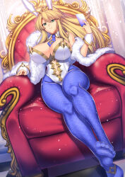 Rule 34 | 1girl, animal ears, armchair, artoria pendragon (all), artoria pendragon (fate), artoria pendragon (lancer alter) (fate), blue pantyhose, card, chair, collar, detached collar, fake animal ears, fate/grand order, fate (series), fishnet pantyhose, fishnets, green eyes, highres, holding, holding card, leotard, long hair, looking at viewer, pantyhose, plaid, playboy bunny, ponytail, rabbit ears, saber (fate), sitting, smile, solo, white collar, white leotard, yui sora