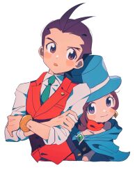 Rule 34 | 1boy, 1girl, :o, ace attorney, antenna hair, apollo justice, blue cape, blue hair, blush stickers, bracelet, brother and sister, brown eyes, brown hair, cape, collared shirt, cropped torso, crossed arms, dot nose, earrings, forked eyebrows, gem, green gemstone, green necktie, grey eyes, grgrton, half-siblings, hat, jewelry, lapel pin, lapels, looking at viewer, necktie, parted lips, red scarf, red vest, scarf, shirt, short hair, siblings, simple background, sleeves rolled up, smile, top hat, trucy wright, upper body, vest, white background, white shirt