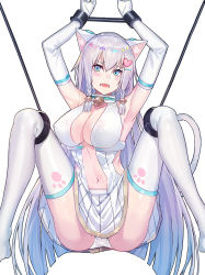Rule 34 | 1girl, animal ears, aqua eyes, armpits, arms up, bad id, bad pixiv id, bell, bound, bound wrists, breasts, cat ears, cleavage, collar, echj, elbow gloves, gloves, grey hair, hair bell, hair ornament, hairclip, highres, iron saga, large breasts, long hair, looking at viewer, navel, open mouth, panties, pantyshot, restrained, simple background, sitting, spread legs, tail, thighhighs, underwear, white background, white gloves, white hair, white panties, white thighhighs