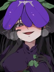 Rule 34 | 1girl, black background, black gloves, black hair, blush, breasts, commentary, covered erect nipples, evil smile, gloves, hair over one eye, hand on own cheek, hand on own face, heavy breathing, highres, large breasts, leaf, looking at viewer, looking down, nose blush, open mouth, purple eyes, simple background, smile, solo, touhou, unfinished dream of all living ghost, upper body, vuluhappy, yandere, yomotsu hisami