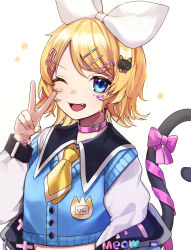 Rule 34 | 1girl, blonde hair, blue eyes, bow, bow hairband, cat tail, choker, fake tail, fangs, hair bow, hairband, highres, kagamine rin, long sleeves, one eye closed, short hair, smile, solo, soramame pikuto, tail, v, vocaloid, white background