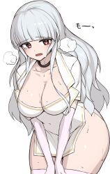 Rule 34 | 1girl, black choker, blunt bangs, breasts, choker, cleavage, collarbone, elbow gloves, gloves, grey hair, highres, jacket, leaning forward, long hair, looking at viewer, makino momiji (artist), medium breasts, open mouth, original, pink eyes, pink gloves, pink thighhighs, shirt, solo, strapless, strapless shirt, sweat, thick thighs, thighhighs, thighs, very long hair, white background, white jacket, white shirt