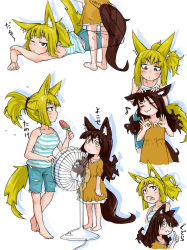 Rule 34 | 2girls, :3, animal ears, barefoot, blush, brown dress, brown eyes, brown hair, closed eyes, doitsuken, double ok sign, dress, flying sweatdrops, food, fox ears, fox tail, from behind, from side, fruit, hair ribbon, hand fan, hand on own hip, hands on another&#039;s head, highres, long hair, lying, multiple girls, musical note, ok sign, on ground, on stomach, one eye closed, open mouth, original, partially translated, ponytail, popsicle, profile, ribbon, short hair, shorts, striped, sweatdrop, tail, thumbs up, torn clothes, torn shorts, translation request, vertical stripes, watermelon, watermelon bar, yellow eyes