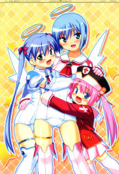Rule 34 | 3girls, :d, absurdres, age difference, angel, aqua eyes, blue eyes, blue hair, blush, bob cut, boots, bow, checkered background, child, crop top, cross, dengeki hime, detached wings, djibril (makai tenshi djibril), djibril aries, elbow gloves, flat chest, gem, gloves, glowing, green eyes, hair bow, hair ribbon, halo, hand on head, hat, highres, hug, jinno hikari, kuuchuu yousai, long hair, looking at viewer, looking back, luvriel, magical girl, makai tenshi djibril, makai tenshi djibril 3, manabe rika, mini wings, multiple girls, necktie, official art, one-piece swimsuit, open mouth, pink footwear, pink hair, pink legwear, pleated skirt, ribbon, sailor collar, scan, school swimsuit, shadow, short hair, skirt, smile, standing, star (symbol), swimsuit, swimsuit costume, swimsuit under clothes, thigh boots, thigh gap, thigh strap, thighhighs, thighs, turtleneck, twintails, very long hair, white gloves, white legwear, white one-piece swimsuit, white school swimsuit, wings, zettai ryouiki