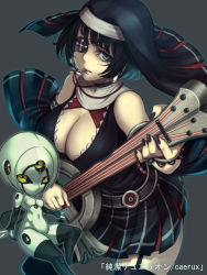 Rule 34 | 1girl, bare shoulders, black hair, black nails, black thighhighs, blue eyes, breasts, cleavage, cleavage cutout, clothing cutout, copyright name, cross, eyepatch, garter straps, guitar, habit, instrument, junketsu duelion, large breasts, long hair, meisa leviner, mouth hold, nail polish, nun, official art, sethxzoe, solo, thighhighs