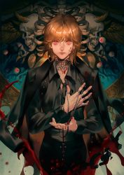 Rule 34 | between fingers, black shirt, blonde hair, blood, blood on chest, blouse, chain, collared shirt, earrings, formal, highres, holding, hunter x hunter, jewelry, kurapika, neck tattoo, qiuyanga, red eyes, shirt, short hair, solo, suit, tagme, tattoo